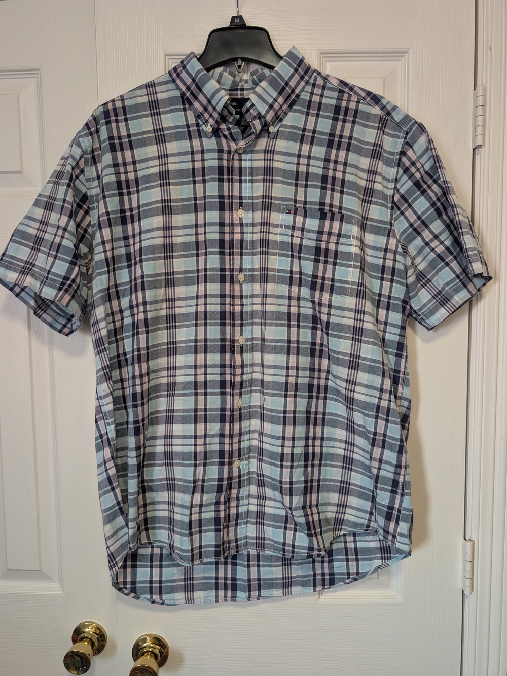 Tommy Hilfiger Light Blue and Navy Plaid Short-Sleeve Button-Down Shirt